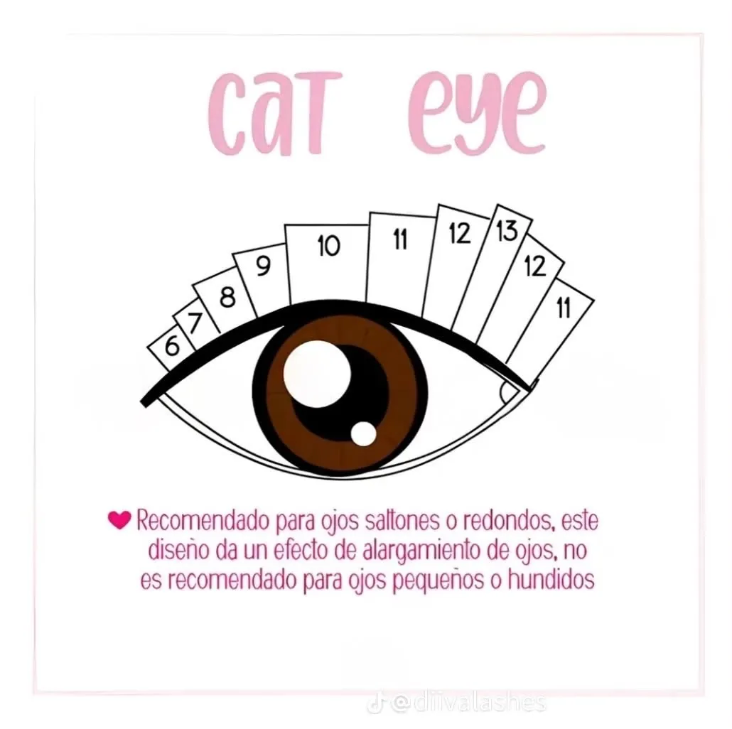 Infografía explicativa del diseño de pestañas Ojo de Gato (Cat Eye) y recomendaciones para ojos saltones o redondos.