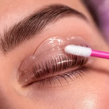 Ojo cerrado con molde de silicona rosa donde se pegan las pestañas para el proceso de lash lift con microbrush.